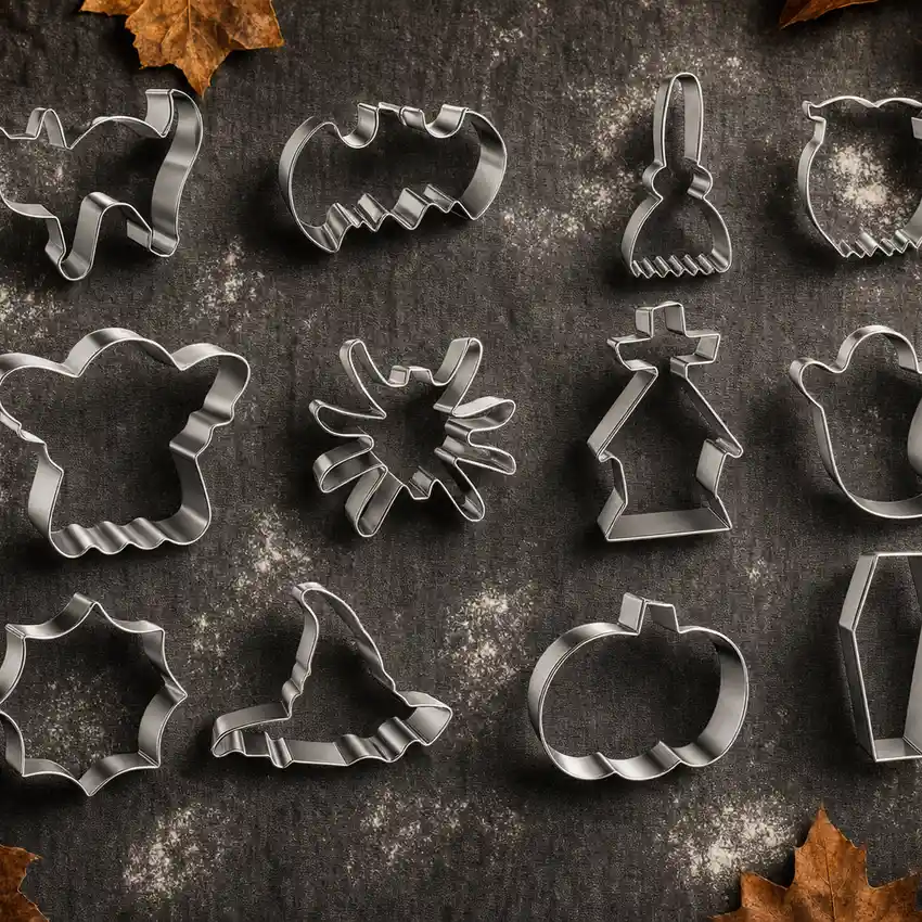 Set de 12 emporte-pièces Halloween en inox Biscoupe : fantôme, citrouille, chauve-souris, chat noir, araignée et toile d'araignée